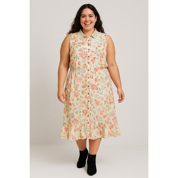 American Rag Cie Dress Women’s 1X Floral Sleeveless Button Front Ruffle Hem Boho - Picture 1 of 12